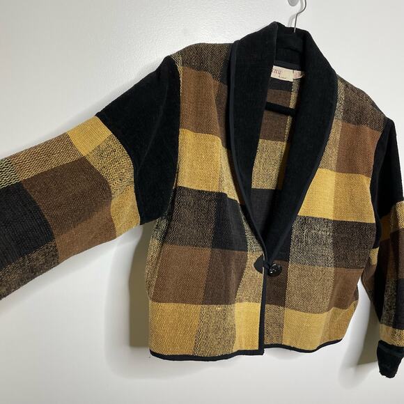 Anu by Natural Checked Cropped Jacket Long Sleeve Single Button‎ Brown Tan L - Picture 3 of 12